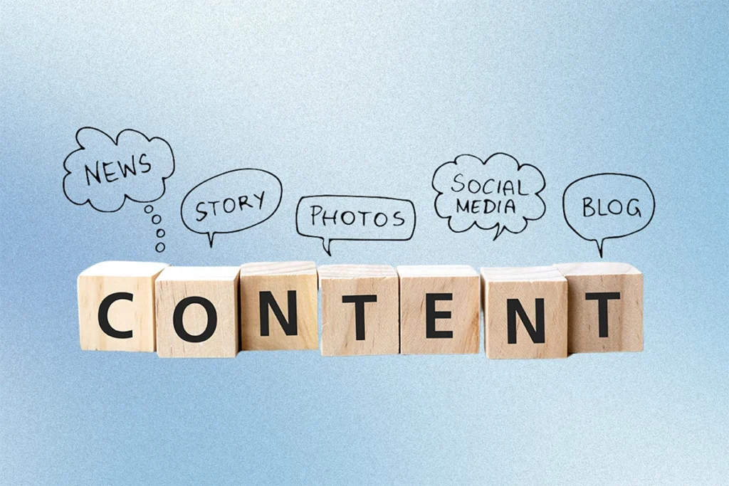 A row of wooden letter blocks spread out to spell "content," showing the concept of content marketing