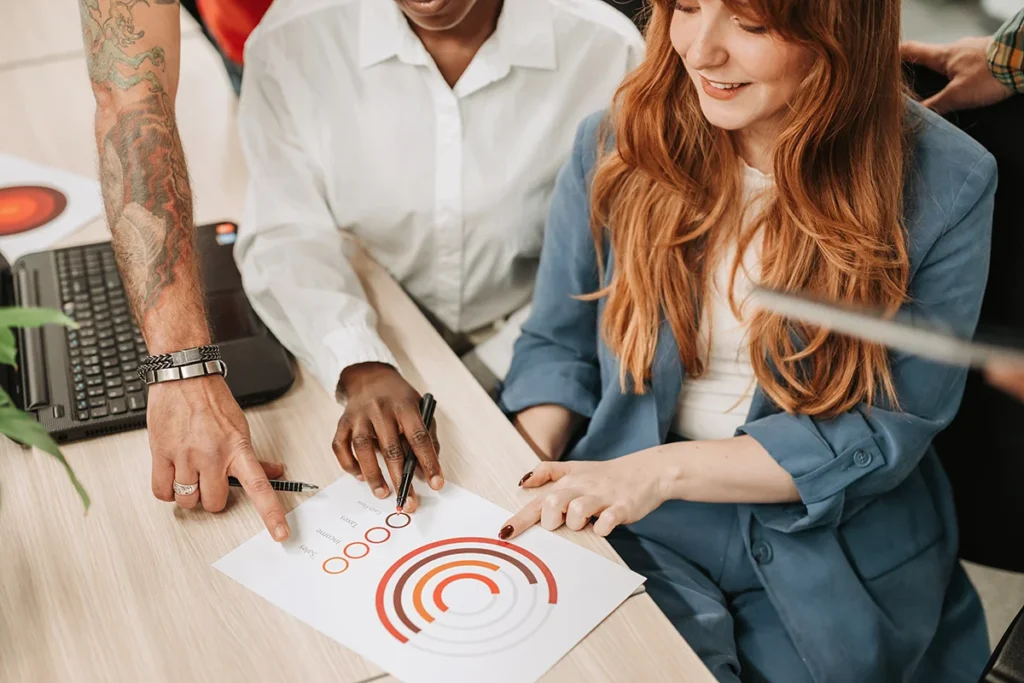 A group of marketers collaborating at a desk and pointing to charts, showing the concept of digital marketing strategies