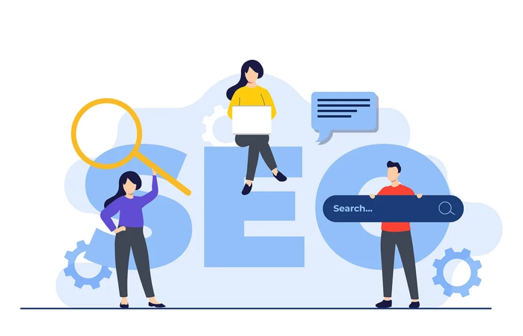 Flat design vector illustration with white background and the acronym "SEO" centered in the middle surrounded by three illustrated people working on a search engine optimization strategy.