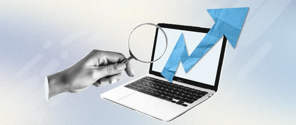 a blue background with a cut out of a hand holding a magnifying glass up to a laptop computer screen and a large blue arrow pointing upward indicating success and growth