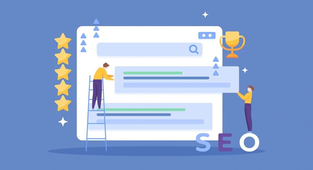 SEO Ranking Factors concept. Flat design vector illustration with light blue background and two illustrated people moving search engine results up to rank higher on giant computer screen.