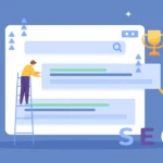 SEO Ranking Factors concept. Flat design vector illustration with light blue background and two illustrated people moving search engine results up to rank higher on giant computer screen.